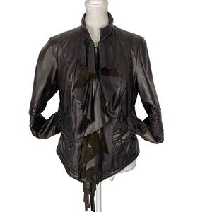 PASHA VENETO Women Soft Faux Leather Fringe Ruffle Moto Coat Sz M Brown Western